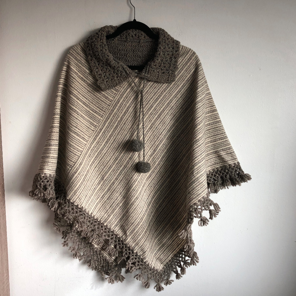 Gray  CreamStriped Wool Poncho Crocheted Trim Boho